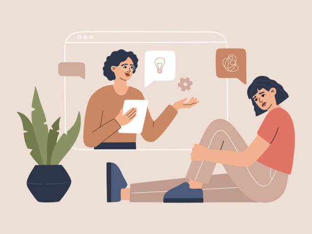 Online psychotherapy, psychological counselling, video call session Online psychotherapy, psychological counselling, video call session, help with problems, doctor and patient discussing. Vector illustration in modern flat cartoon style, isolated on white background. melancholy computer support specialist stock illustrations