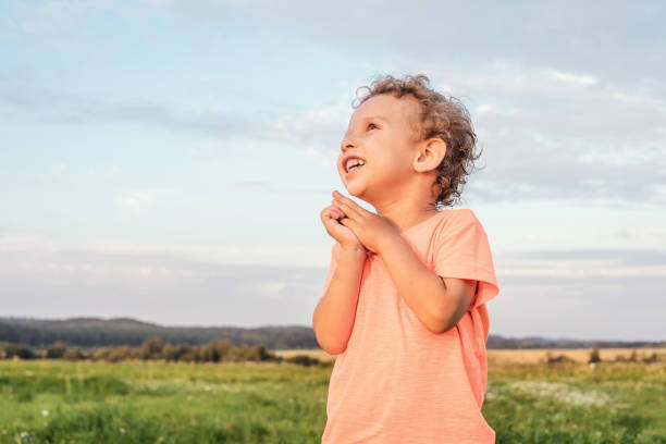 Little boy in a meadow, sunset light.