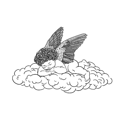 Anlel sleeping on a cloud, black outline drawing isolated on white background, stock vector illustration for design and decor, sticker, clipart, poster, banner