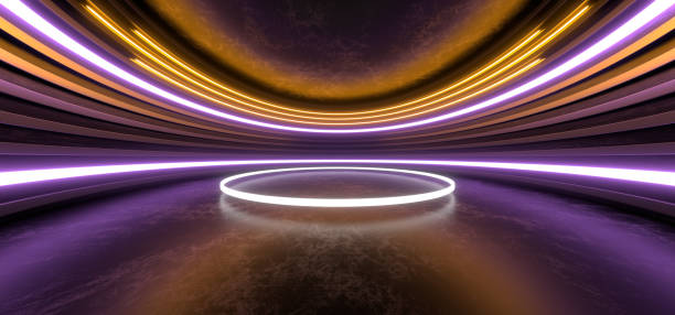 istock Dark hall with bright colored neon lights on a black background. 3d rendering image. 1299922505