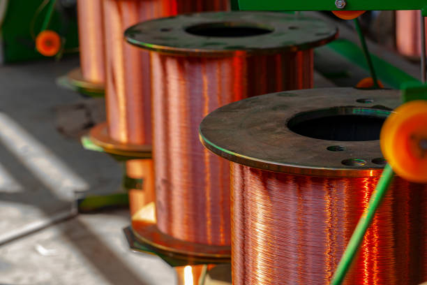 istock Copper wire reels in cable factory close up 1299923398