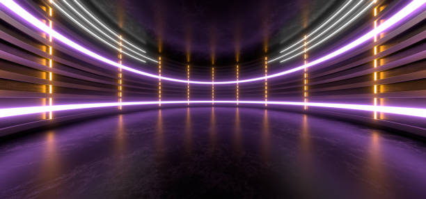 istock Dark hall with bright colored neon lights on a black background. 3d rendering image. 1299923525