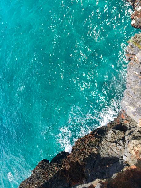 In this picture you can see a Caribbean bay with rocks in dark color and turquoise-blue sea water.
