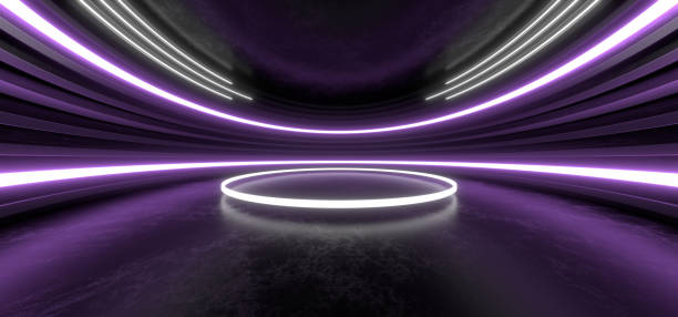 istock Dark hall with bright colored neon lights on a black background. 3d rendering image. 1299924050