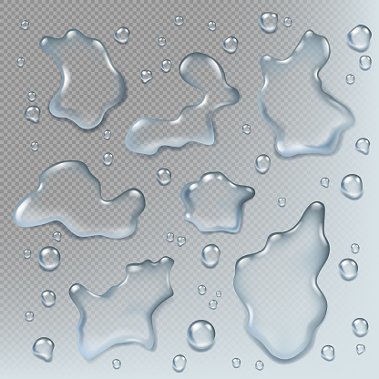 Puddles realistic. Top view liquid drops and puddle splashes wet environment illustrations set. Surface liquid view, transparent wet smooth
