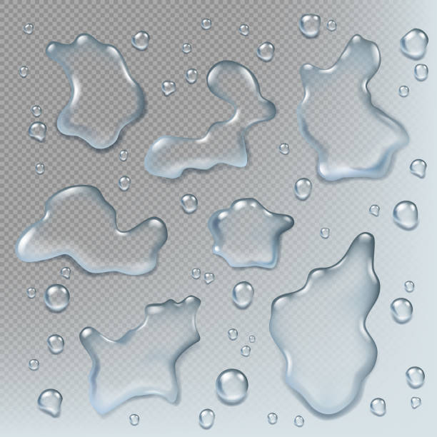 Puddles realistic. Top view liquid drops and puddle splashes wet environment illustrations set Puddles realistic. Top view liquid drops and puddle splashes wet environment illustrations set. Surface liquid view, transparent wet smooth spilling stock illustrations