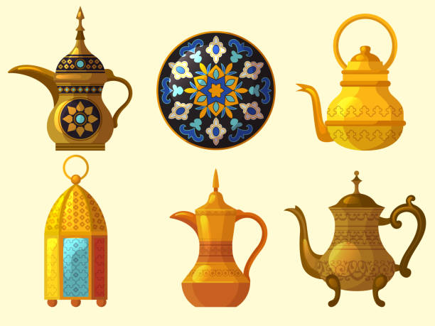 illustrations, cliparts, dessins animés et icônes de patrimoine arabe. objets traditionnels indigènes culturels orientaux divers poterie arabe collection de vecteur de décoration - jug pitcher pottery old