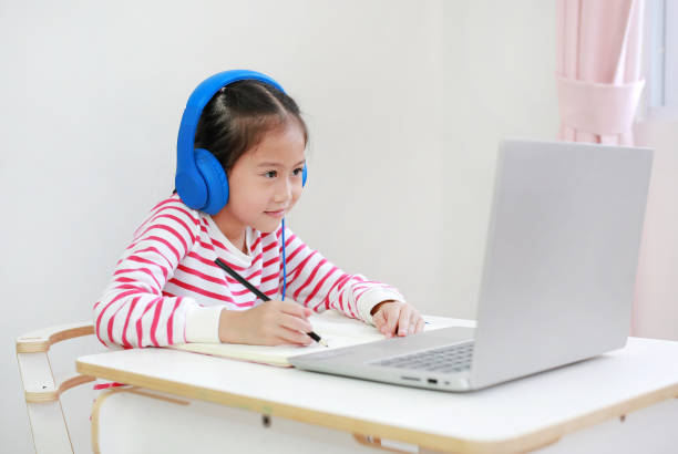 istock Intend asian little child girl writing and using headphone study online learning class with laptop computer during new normal Covid-19 coronavirus at home 1299925556