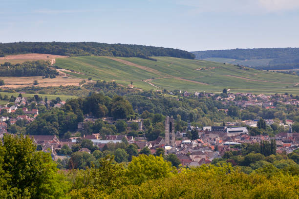Aerial view of Château-Thierry located in the department of Aisne, Hauts-de-France.