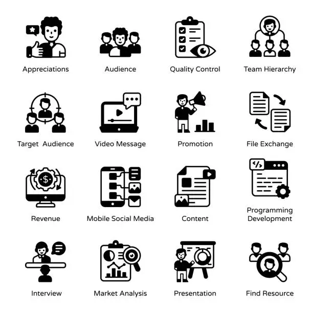 Vector illustration of Pack of Market and Documents Glyph Icons