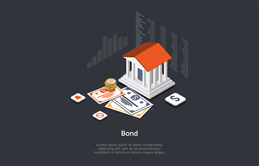 Vector Illustration On Dark Background With Text And Infographics. Isometric Composition In Cartoon 3D Style. Bonds Concept Art. Banking Loan, Stocks, Money Credits. Building, Signing Documents Near.