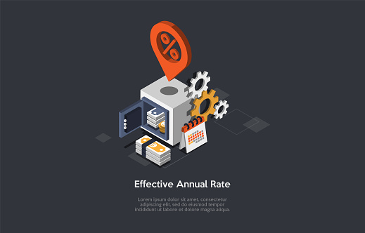 Effective Annual Rate Conceptual Illustration In Cartoon 3D Style. Isometric Vector Composition On Dark Background With Text And Infographics. Strongbox With Money Inside. Safe Deposit And Percentage.