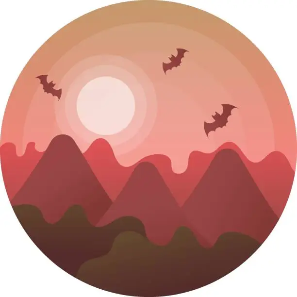 Vector illustration of Mountain landscape with forest, under evening sky with moon or sun and flying birds Concept vector Icon Design, Hill Station Night View Sign