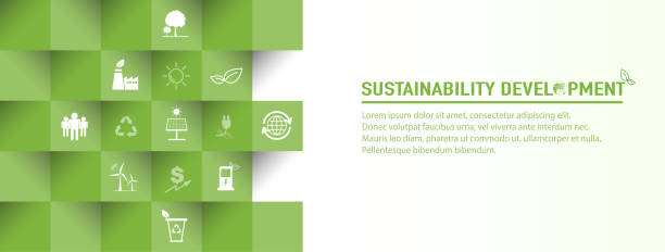 ilustraciones, imágenes clip art, dibujos animados e iconos de stock de diseño de banner para el desarrollo de la sostenibilidad y el concepto de negocio de industrias verdes globales, ilustración vectorial - sostenibilidad