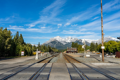 Banff Train Station level crossing. Banff National Park, Canadian Rockies, Alberta, Canada.