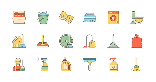 Housework, Toilet Paper, Washing Machine, Iron, Sewing Machine, Hoover Icons Housework, Toilet Paper, Washing Machine, Iron, Sewing Machine, Hoover, Scouring Pad, Towel, Dustbin, Bathtub, Paint Roller, Detergent, Dishwasher, Broom, Brush, Spray, Bucket, Cook, Squeegee Icons cleaning drawings stock illustrations