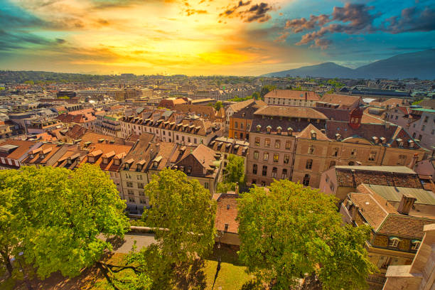 istock Geneva skyline at sunset 1299934901