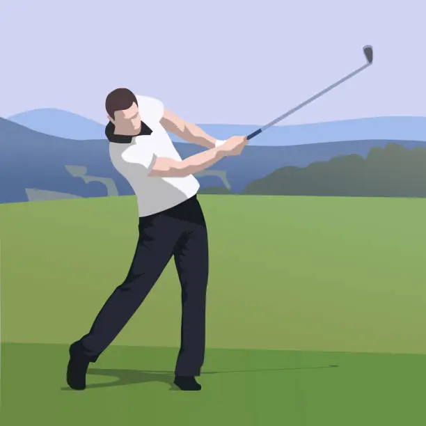 Vector illustration of Golfer wearing white shirt and dark trousers hits ball on golf course, abstract vector