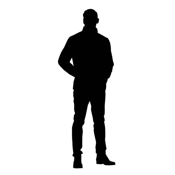 illustrations, cliparts, dessins animés et icônes de homme restant dans la veste avec des mains dans des poches, silhouette vectorielle - young men portrait fine art portrait men