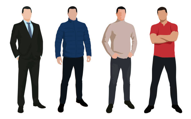 Set of business man, isolated vector characters in various clothing, flat design illustrations Set of business man, isolated vector characters in various clothing, flat design illustrations folded sweater stock illustrations