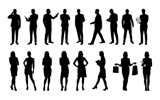 Business people, large set of vector silhouettes of men and women. Workers in suit or clothes