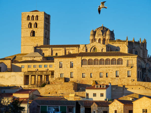 Horizontal view of the cathedral of Zamora at sunset with the Duero River Close up, horizontal view of the cathedral of Zamora at sunset with the Duero river, blue sky free of clouds. Old town of Zamora in Spain. romanesque stock pictures, royalty-free photos & images