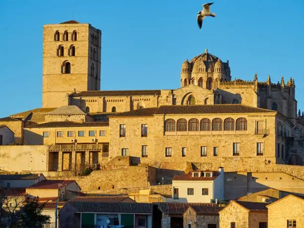 Close up, horizontal view of the cathedral of Zamora at sunset with the Duero river, blue sky free of clouds. Old town of Zamora in Spain.