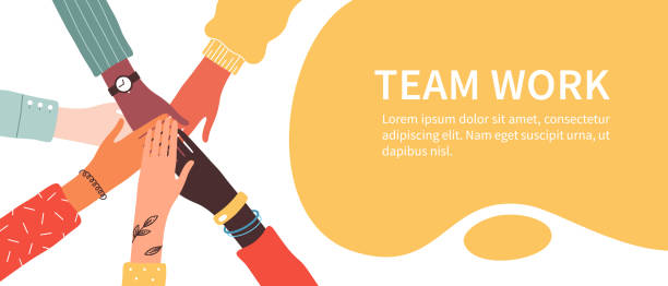illustrazioni stock, clip art, cartoni animati e icone di tendenza di concetto di lavoro di squadra. mani di un gruppo eterogeneo di persone. - insieme