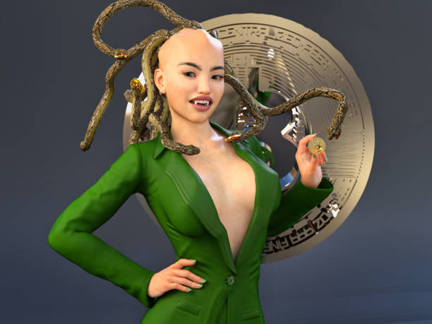3D Photo of Medusa In a Green Suit Holding a Bitcoin stock photo