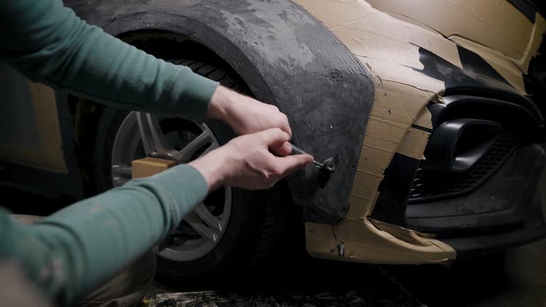 worker is shaping clay detail on car body in garage, projecting tuning for auto, working by plastic knife