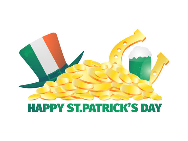 ilustrações de stock, clip art, desenhos animados e ícones de happy st. patrick's day. a pile of gold coins with a gold horseshoe and a leprechaun hat, a traditional irish hat. isolated on white background. vector illustration - white background stack heap food and drink