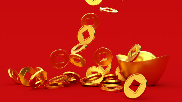 Falling Chinese lucky golden 3d coins.