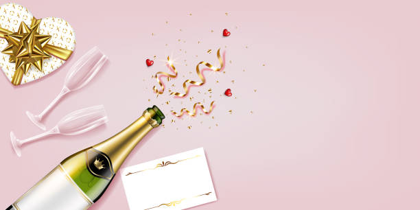 istock Valentine's Day Card. Background with champagne glasses with bottle, ribbons, hearts, gift box and white paper. 1299942621