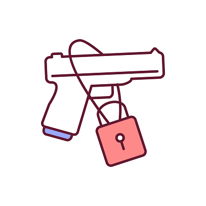 Guns control RGB color icon. Violence prevention. Padlock for security and protection. Weapon restriction. Ensure safety. Legislation and regulation for guns. Isolated vector illustration