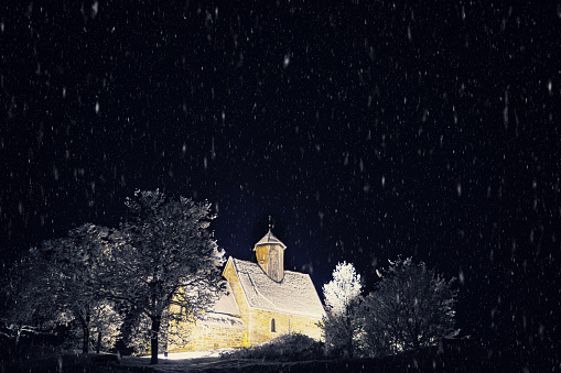 Chapel at Lockstein with Christmas Tree in Berchtesgaden, Germany.