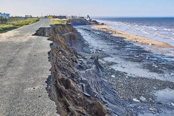 a roaded collapsing into the sea due to sea level rise on the Holderness coast -  Climate Change