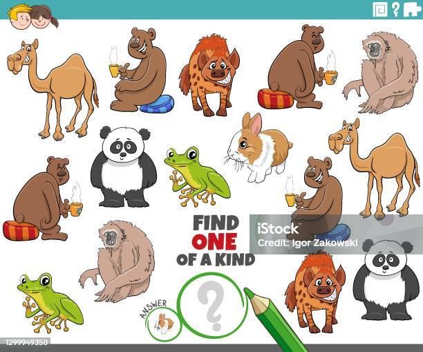 One Of A Kind Game For Children With Cute Cartoon Animals Stock Illustration - Download Image Now