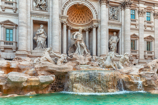 Front view of the Trevi Fountain in Rome, Italy.