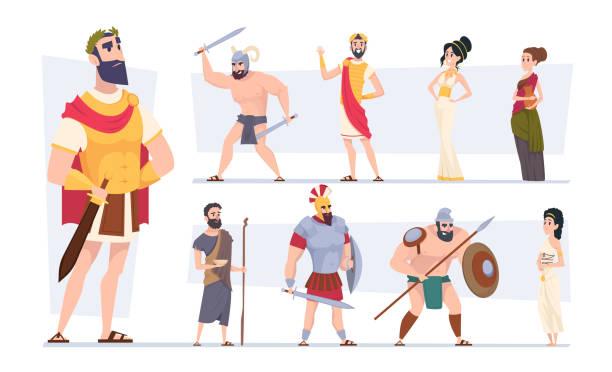 Ancient rome. Authentic clothes of rome traditional citizens medieval outfit coliseum warriors exact vector cartoon characters Ancient rome. Authentic clothes of rome traditional citizens medieval outfit coliseum warriors exact vector cartoon characters. Rome ancient traditional, culture archaic civilization illustration emperor stock illustrations