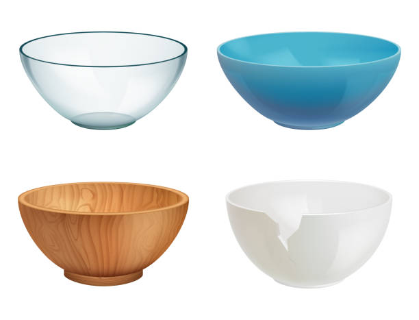 ilustraciones, imágenes clip art, dibujos animados e iconos de stock de tazón realista. platos de cocina de vidrio de madera de cerámica blanca para alimentos elegantes envases transparentes conjunto de colección de vectores decente - bowl