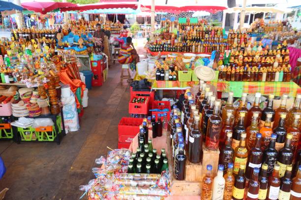 Souvenir shop with beverages and spices in Pointe-a-Pitre city, Guadeloupe. Pointe-a-Pitre is the biggest city of Guadeloupe.