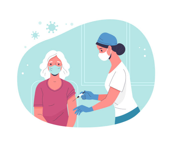 Vaccination of the elderly. Vector modern illustration of a senior woman and a doctor with a syringe. Isolated on abstract background cartoon sick face stock illustrations