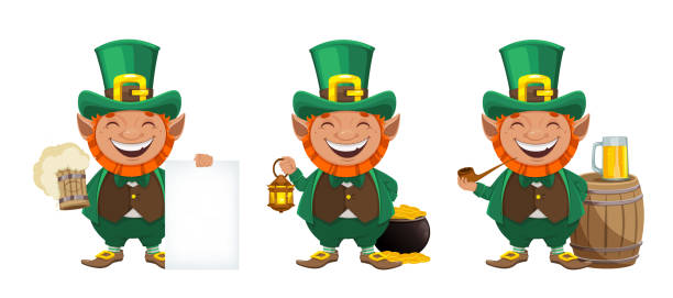 St Patrick's day. Leprechaun cartoon character Stock vector leprechaun. Happy St Patrick's day greeting card. Cheerful leprechaun cartoon character, set of three poses cute leprechaun stock illustrations
