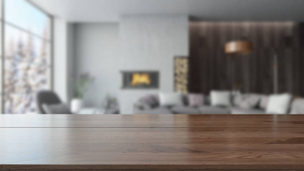 tablero de madera con desenfoque del interior moderno de la sala de estar - living will fotografías e imágenes de stock