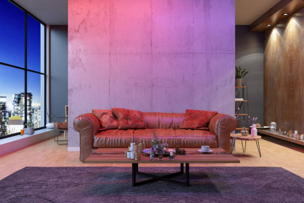 Living Room at Night with Neon Lights