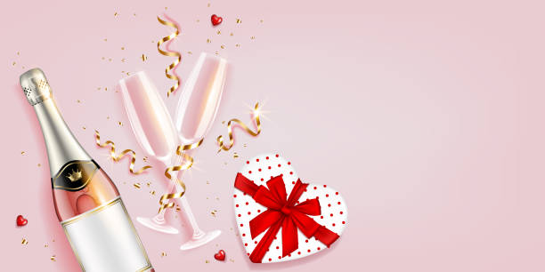 istock Valentine's Day Card. Background with champagne glasses with bottle, ribbons, hearts, gift box with bow. 1299953771