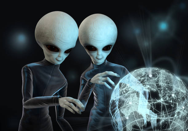 Two aliens study the planet Earth on a light map. 3 d illustration. Two aliens study the planet Earth on a light map. 3 d illustration. control room nasa stock pictures, royalty-free photos & images
