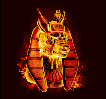 Imagen de fuego del Dios egipcio del mundo del seth muerto con la cabeza de un chacal aislado sobre un fondo oscuro. Ilustración en 3 d. photo