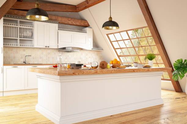 istock Loft Kitchen with Counter and Foods 1299954378