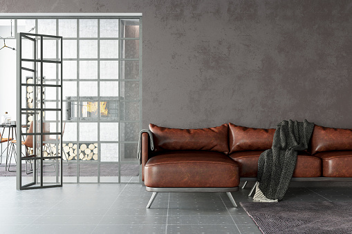 Leather Sofa with Empty Gray Wall. 3d render